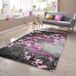 Preview: Designer Teppich mit Blumenmuster Grau Lila Pink