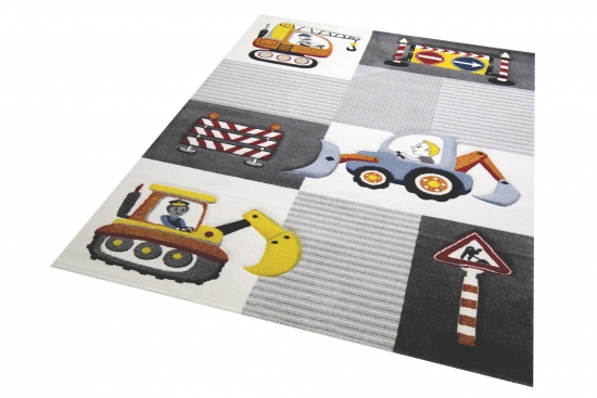 Kinderzimmer Teppich Baustelle Schwarz Grau Creme