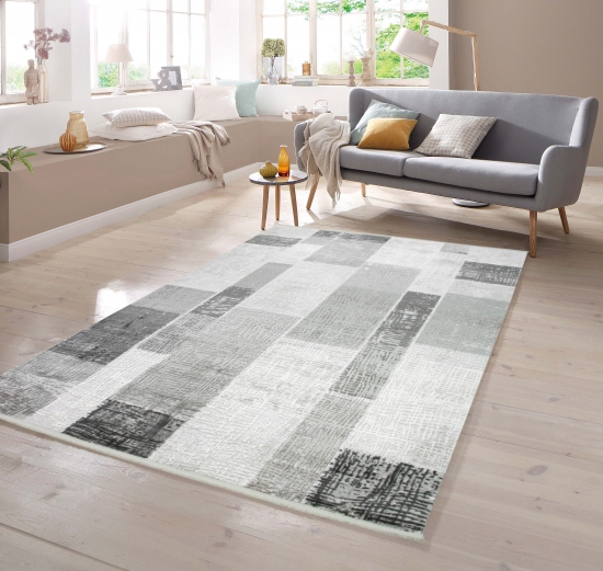 Designer Teppich Wolle in Grau Creme