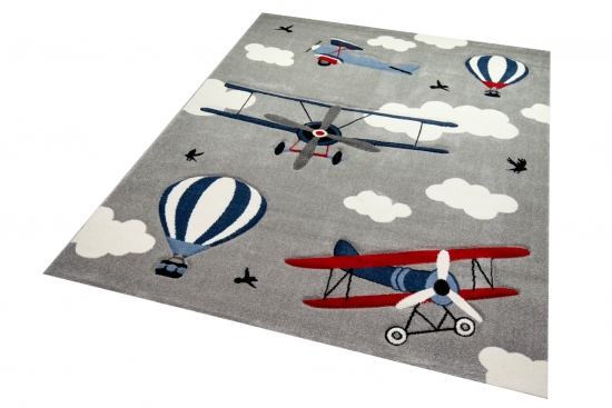 Kinderteppich Flugzeuge in grau blau creme