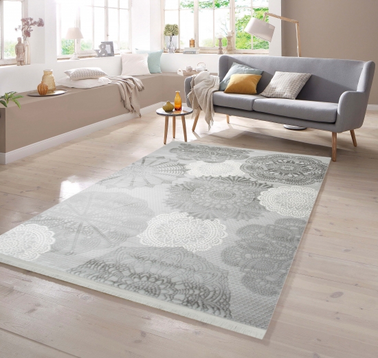 Designer Teppich mit Fransen Wohnzimmer Teppich Grau Creme