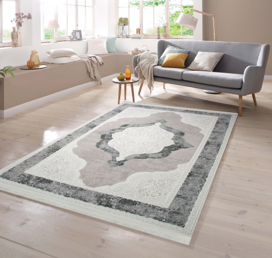 Designer Teppich Ornamente in Grau Creme Beige