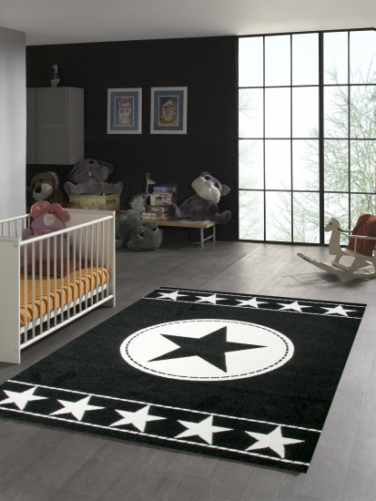 Kinderteppich Sterne Schwarz Creme