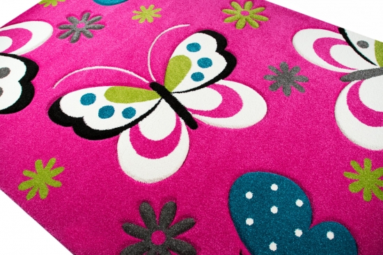 Kinderteppich Schmetterling Design Pink Türkis Grau Grün Creme