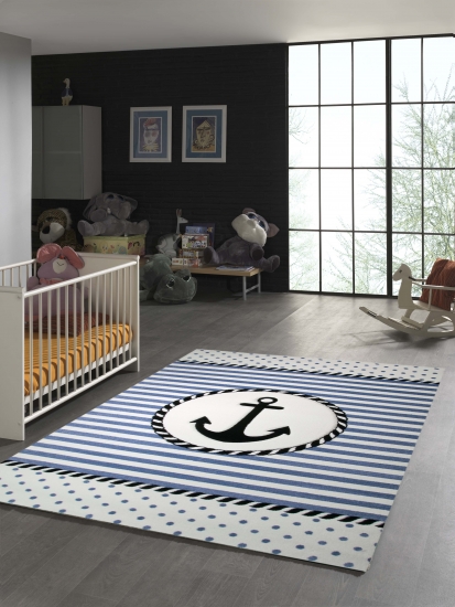 Kinderteppich Maritim mit Anker in Blau Creme