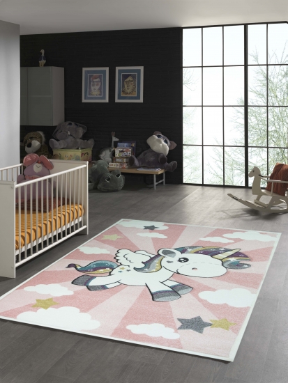 Kinderteppich mit Einhorn Regenbogen in Rosa Creme