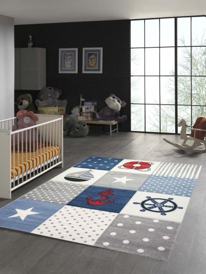 Kinderteppich Junge Maritim kariert in blau creme grau