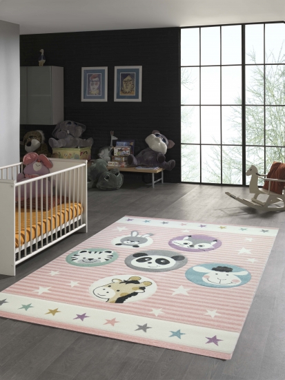 Kinderteppich Zoo Tiere in rosa creme