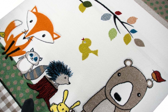 Kinderteppich bunte Tiere mit Bär Fuchs Hase Igel Eule Vögel