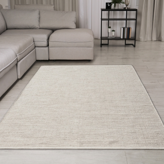 Luxuriöser Wollteppich handgewoben Uni Design in creme-beige