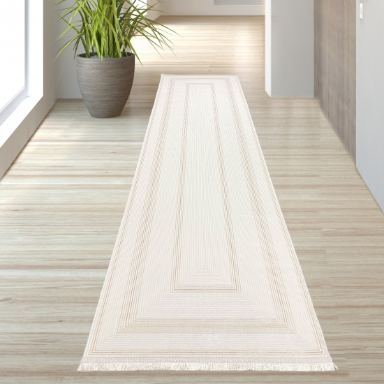 Edler Wohnzimmer Teppich mit Fransen in creme gold