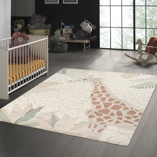 Kinderzimmer Spielezimmer Teppich mit Giraffen Abbild in creme beige