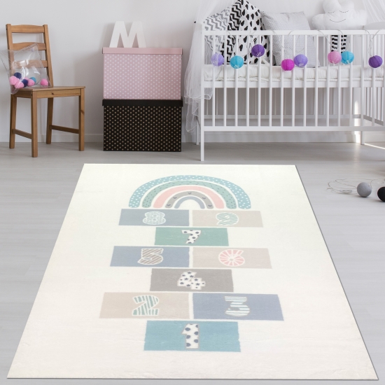 Kinderzimmer Teppich mit Hupfspiel-Muster in creme bunt