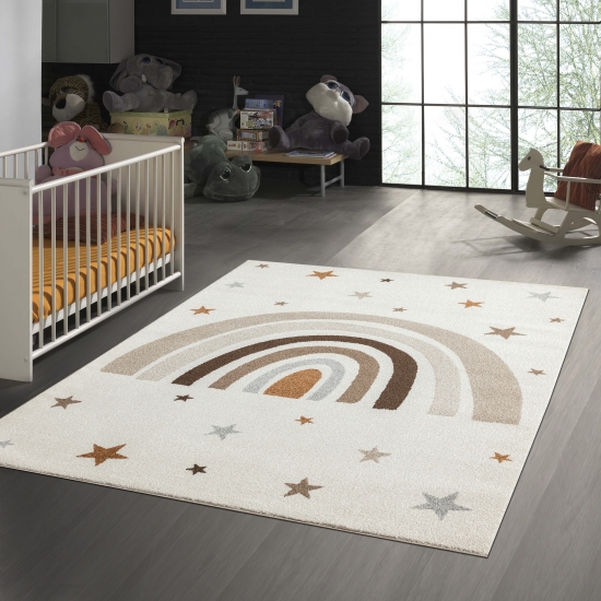 Weicher Kinderteppich mimt Stern und Regenbogen muster in Creme