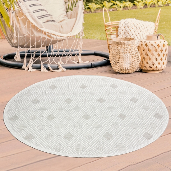 Outdoorteppich Terrassenteppich Balkonteppich mit verschiedenen gemusterten Rauten in Creme