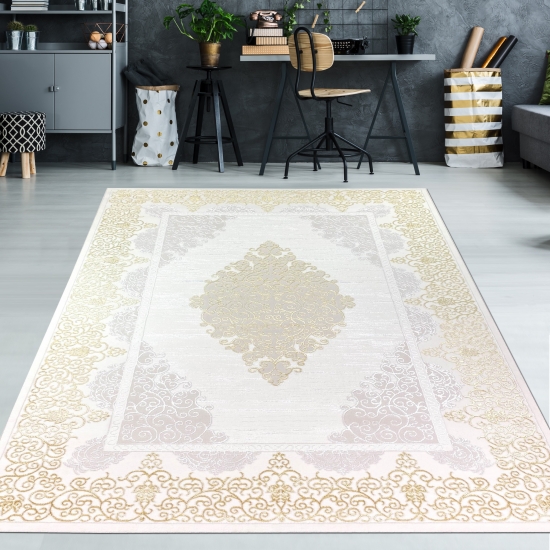 Designer Teppich mit Orientalischem Muster in weiß gold grau