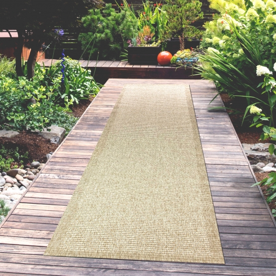 Outdoorteppich Terrassenteppich Gartenteppich robust und langlebig linierter Rand in Beige