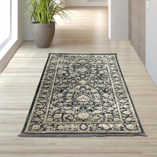 Moderner Teppich in orientalisches Blumendesign in Beige auf Schwarz