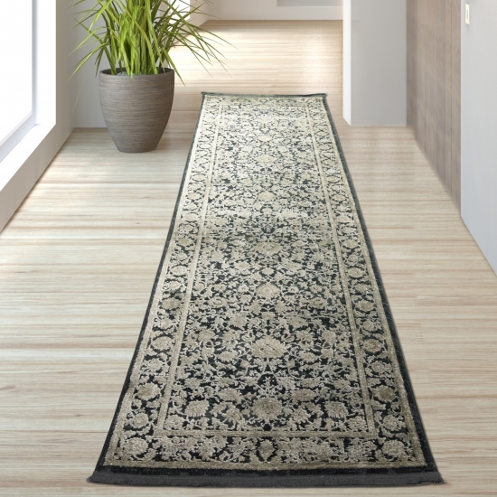 Moderner Teppich in orientalisches Blumendesign in Beige auf Schwarz