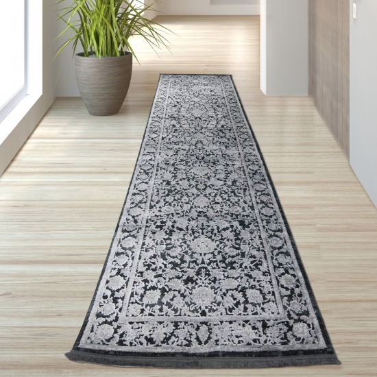 Moderner Teppich in orientalisches Blumendesign in Grau auf Schwarz