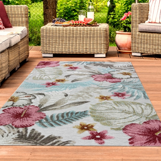 Outdoor Teppich mit Blumen Muster in creme grau bunt