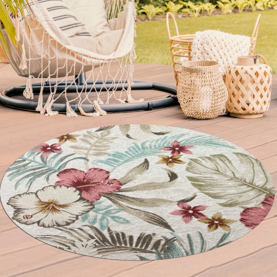 Outdoor Teppich mit Blumen Muster in creme grau bunt