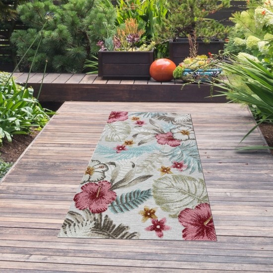 Outdoor Teppich mit Blumen Muster in creme grau bunt