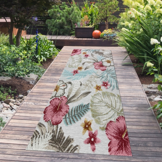 Outdoor Teppich mit Blumen Muster in creme grau bunt