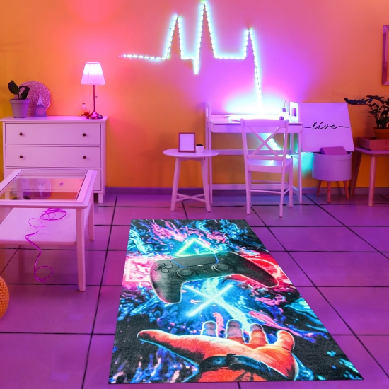 Gaming-Teppich mit lebendigen neon-farbigen Symbolen und Controller