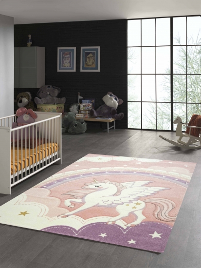 Kinderzimmer Teppich Einhorn Regenbogen creme rosa