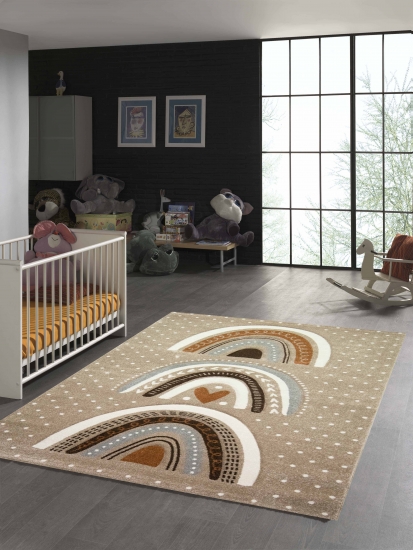 Kinderzimmer Teppich Herz Regenbogen Creme Beige