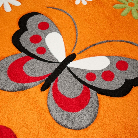 Kinderteppich Schmetterling Design Orange Rot Grau Grün Weiss