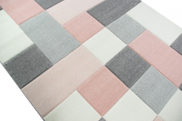 Moderner Teppich mit Karo Muster in Rosa Grau Creme