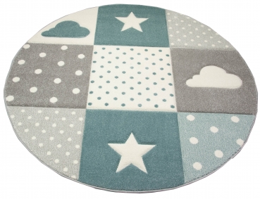 Kinderteppich mit Stern Wolke in Blau Grau Creme