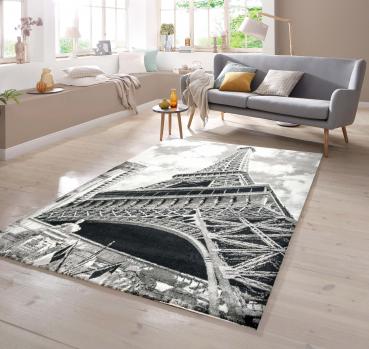 Designer Teppich mit Eiffelturm Motiv Grau Schwarz Creme