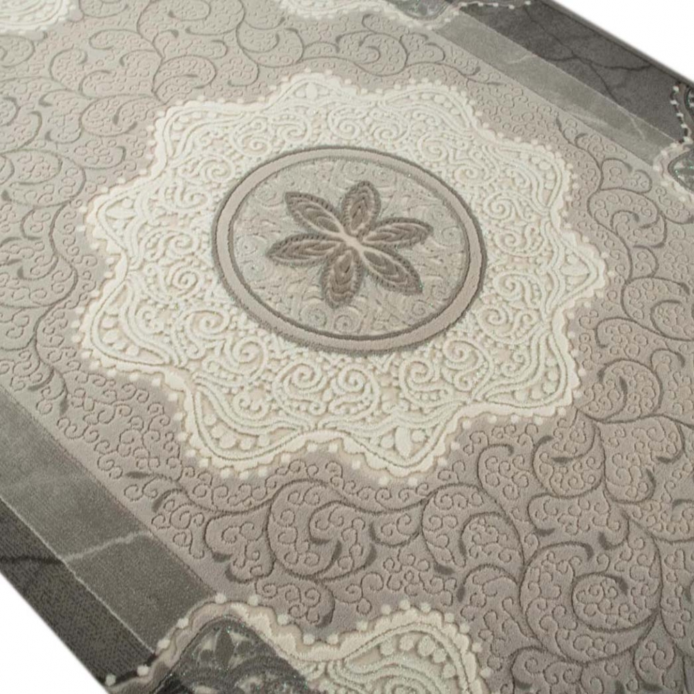 Designer Teppich mit Glitzergarn Wollteppich mit Kreise und Blumenmuster in Creme Grau Beige