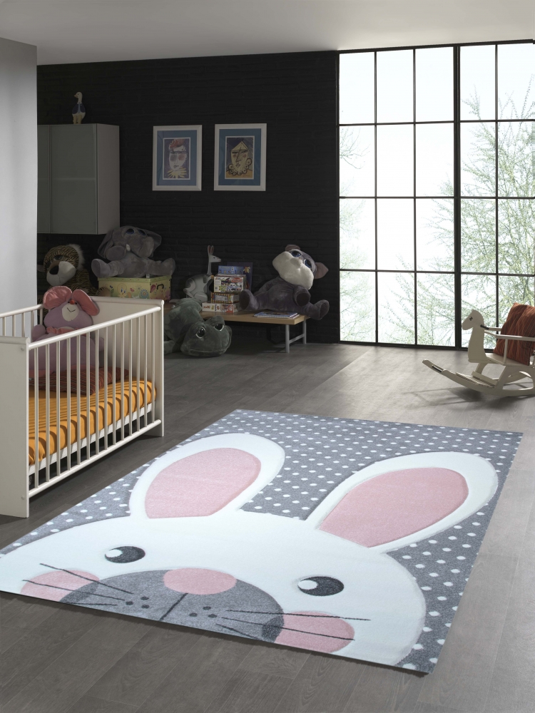 Kinderteppich Hase in Rosa Weiss Grau