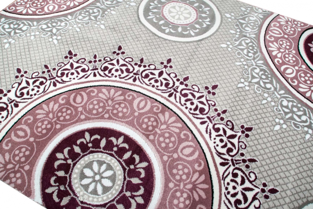 Designer Teppich mit Kreis Ornamente in Pink Lila Grau Creme