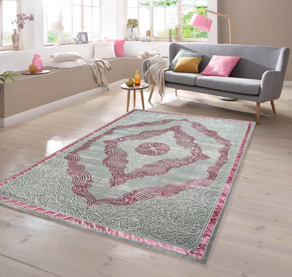 Designer Teppich Orientteppich in Grau Silber Rosa