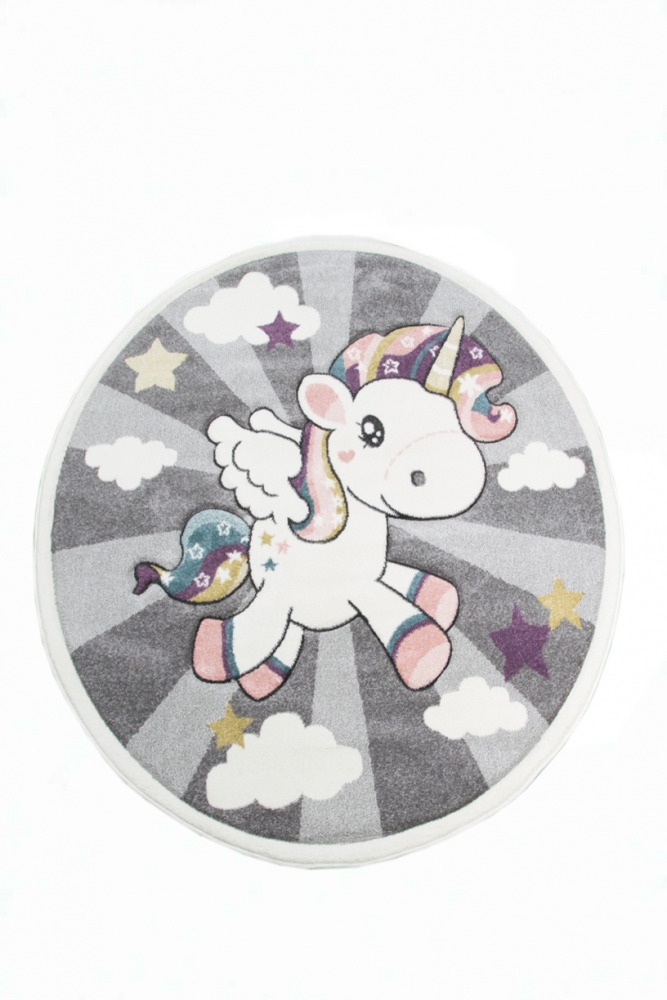 Kinderteppich mit Einhorn Regenbogen in Grau Creme