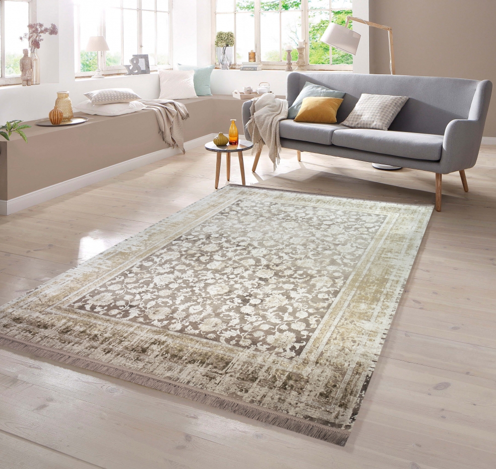 Teppich mit floralem Design aus Naturfasern in beige