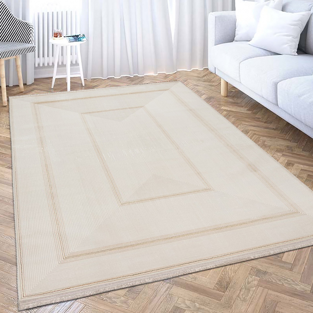 Edler Wohnzimmer Teppich mit Fransen in creme gold