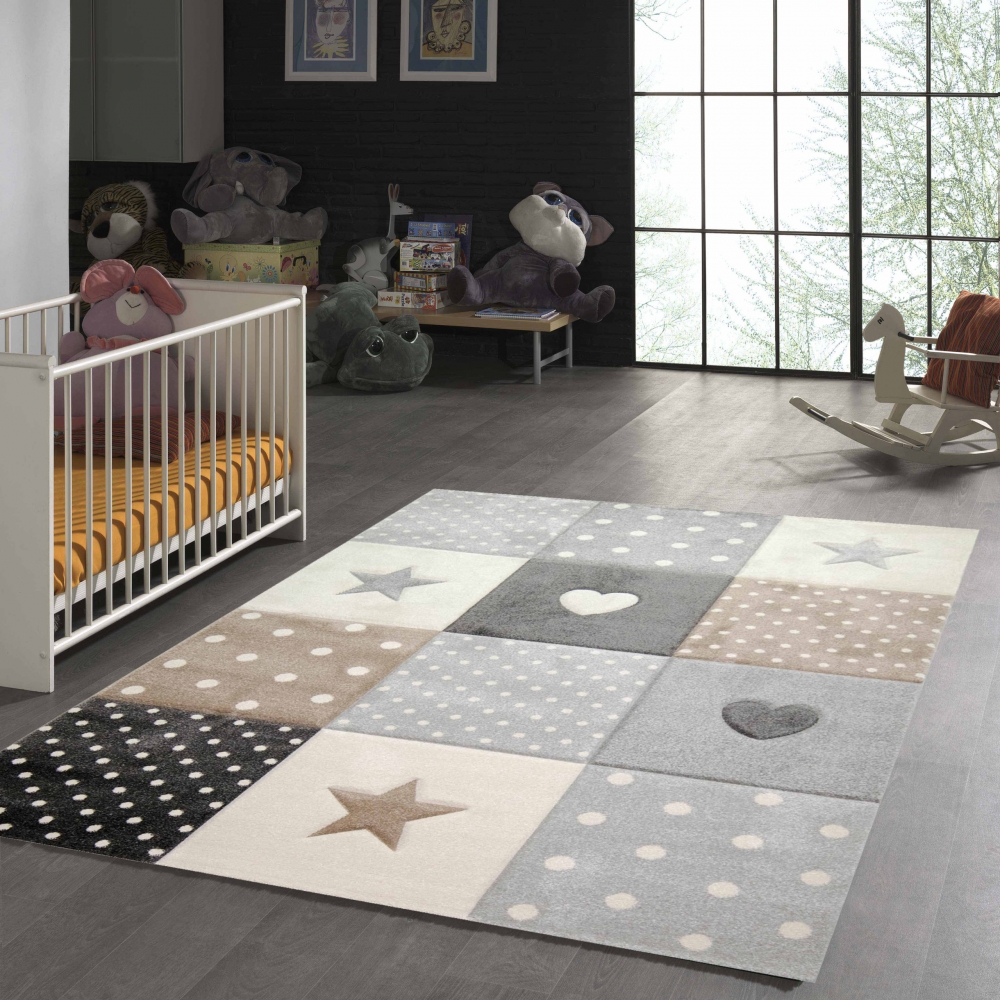 Kinderzimmer Teppich Herz Stern braun beige grau