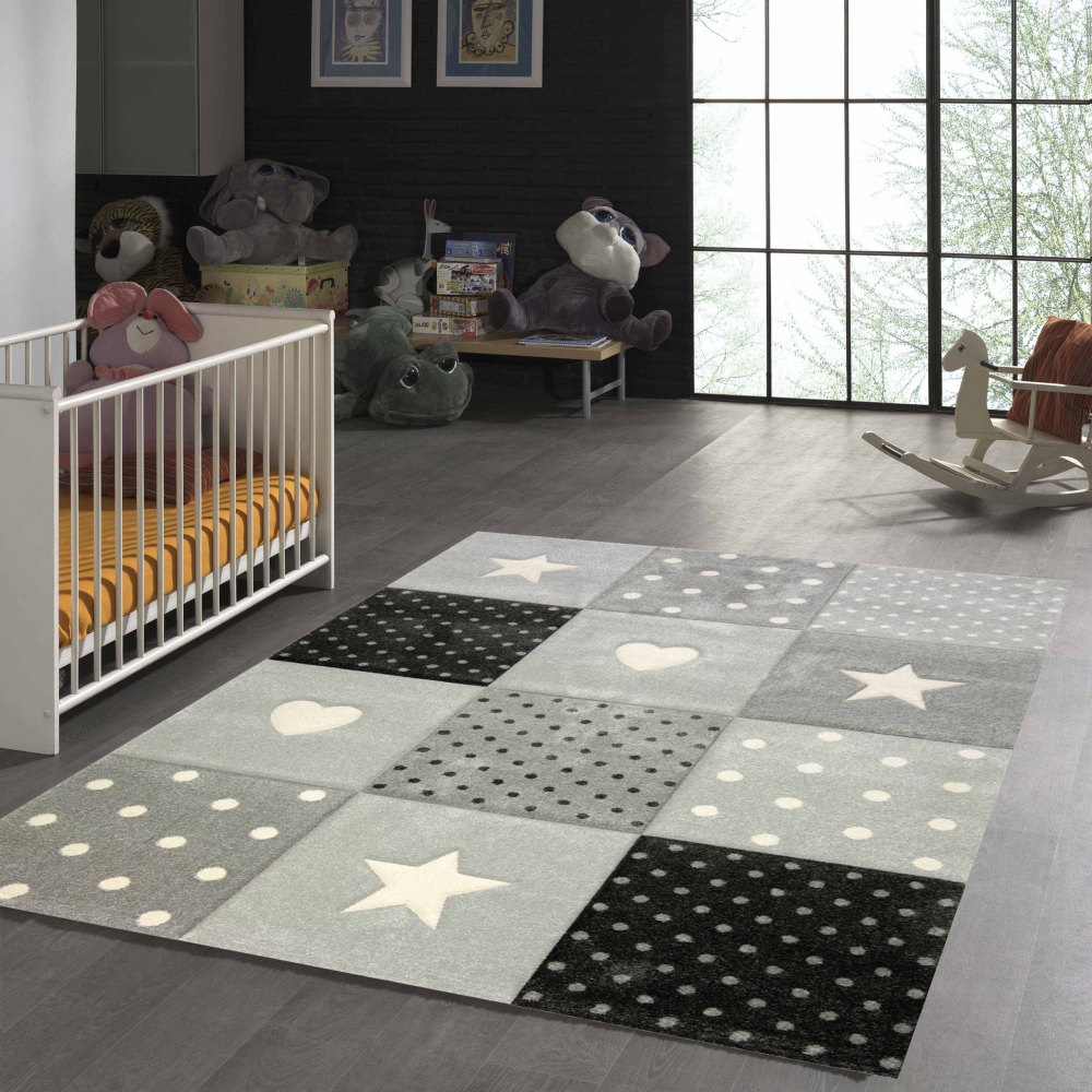 Kinderzimmer Teppich Herz Stern creme schwarz grau