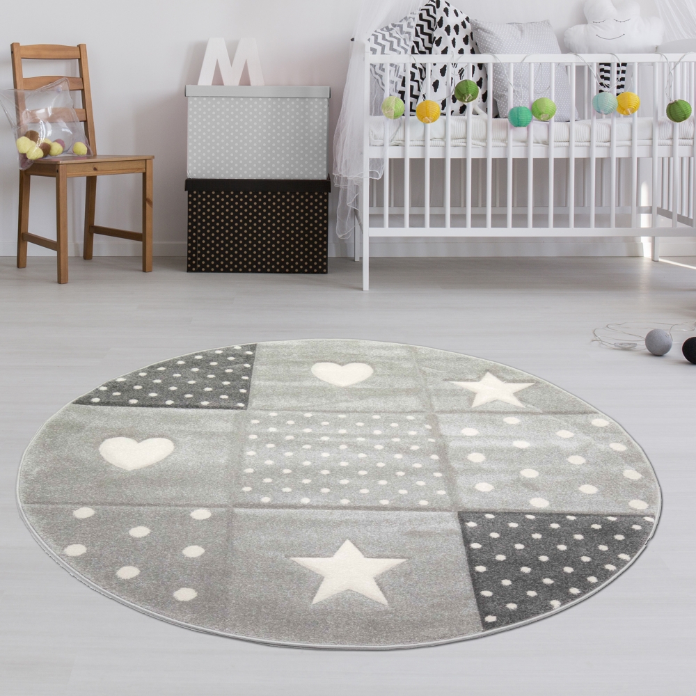 Kinderzimmer Teppich Herz Stern creme schwarz grau