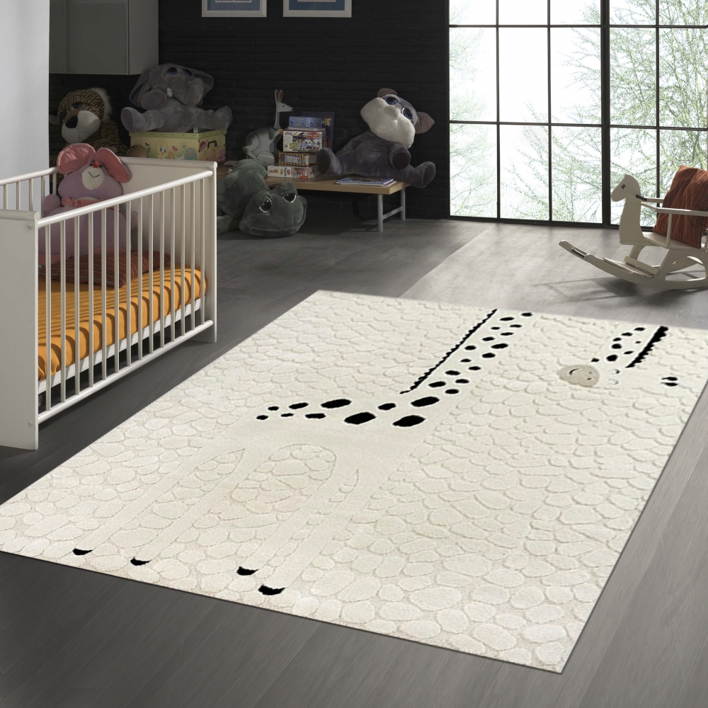 Kinderzimmer Spielzimmer Teppich mit fröhlicher Giraffe | beige creme schwarz