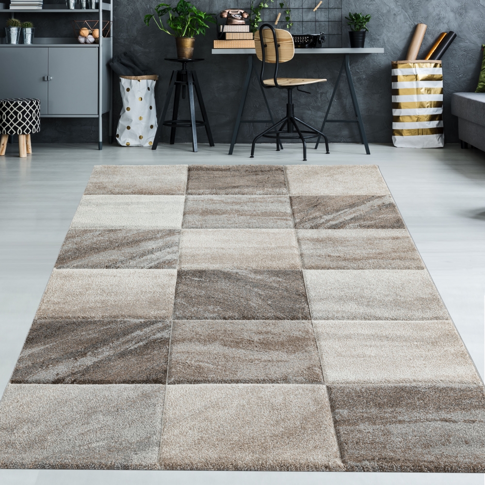 Moderner Karo Teppich in beige grau