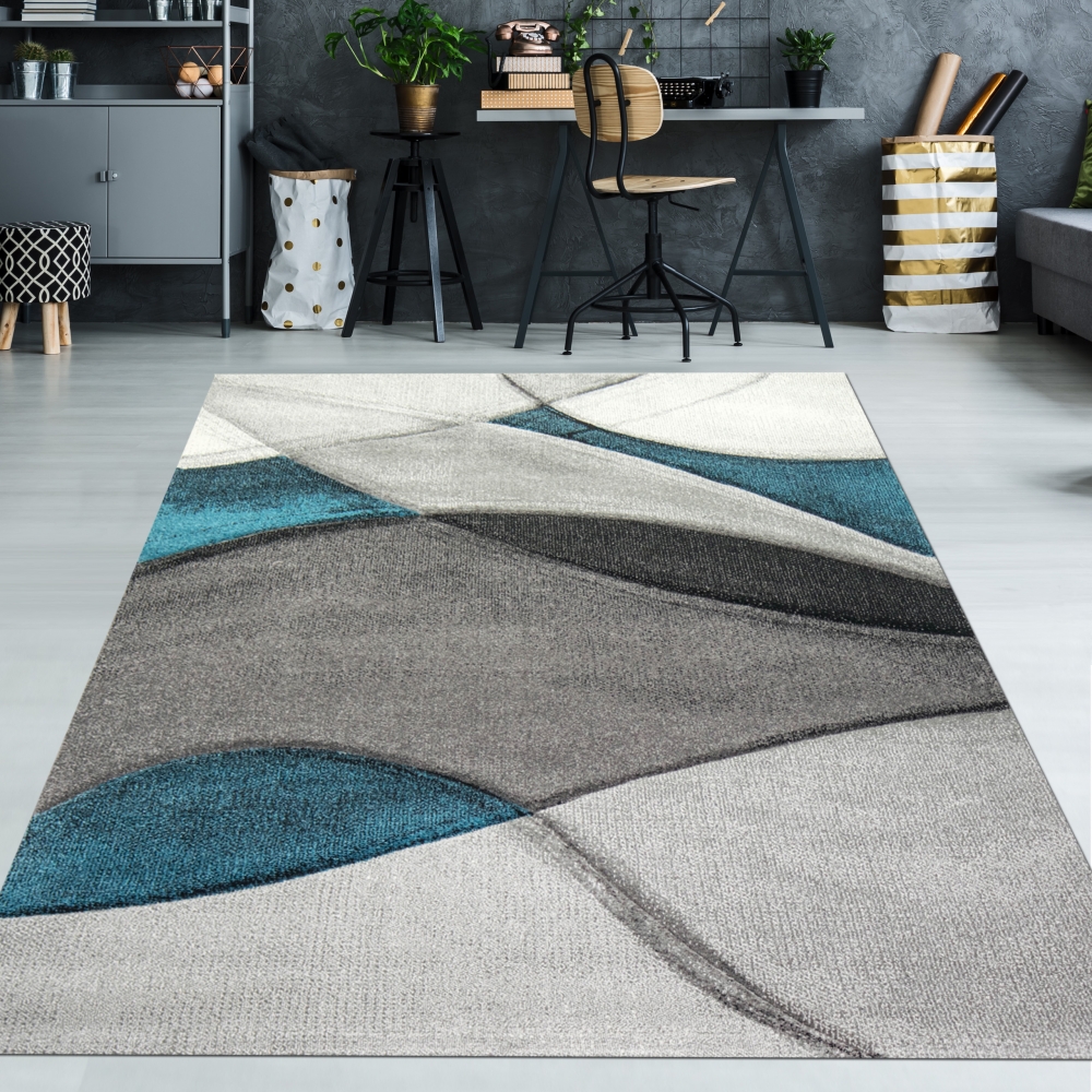 Teppich modern abstrakt in blau grau schwarz