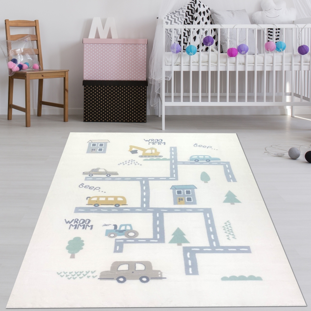 Kinderzimmer-Teppich mit Abbild von Straßen, Autos und Bagger in creme