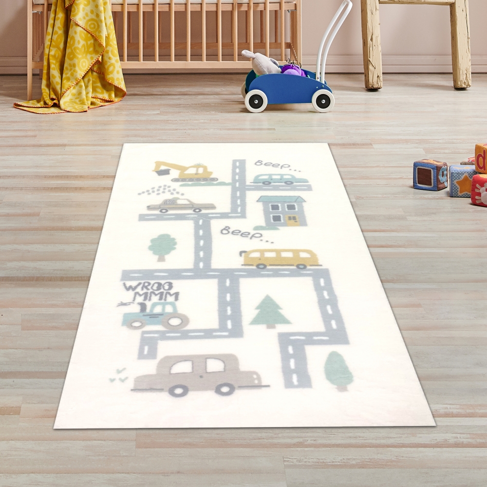 Kinderzimmer-Teppich mit Abbild von Straßen, Autos und Bagger in creme